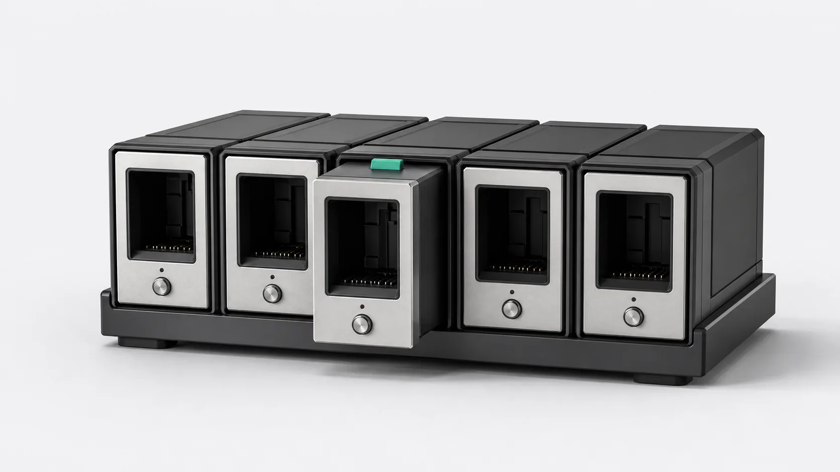 Several market cartridges aligned in one rack with a single active selection
