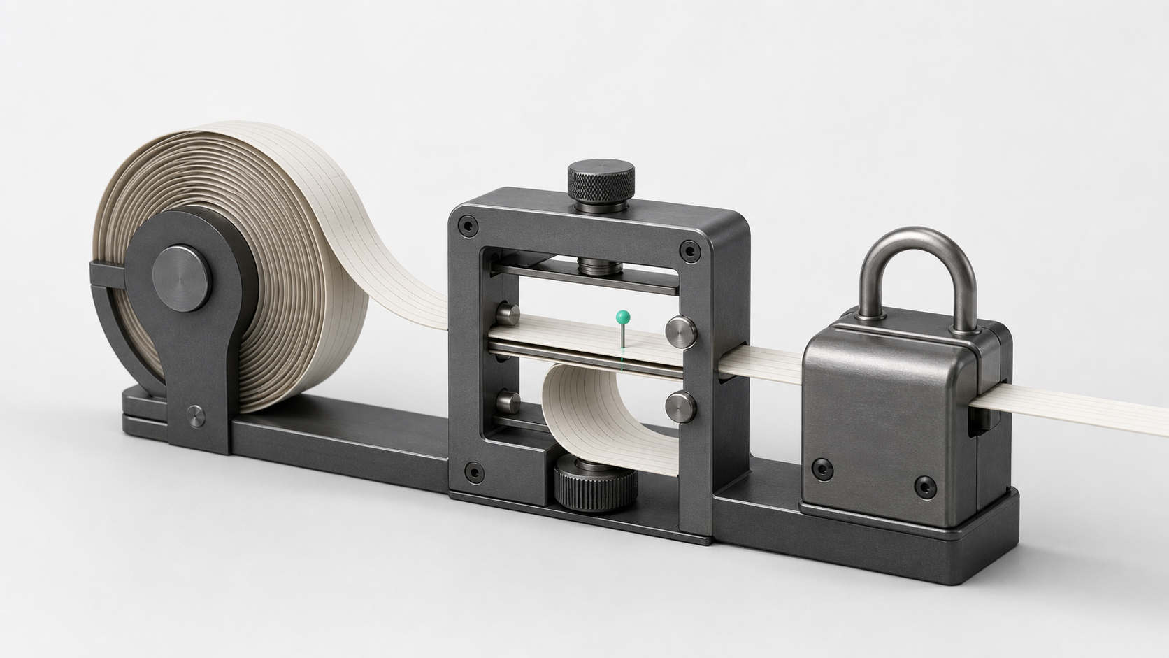 A measured market ribbon passing through a replay gate before a safety latch