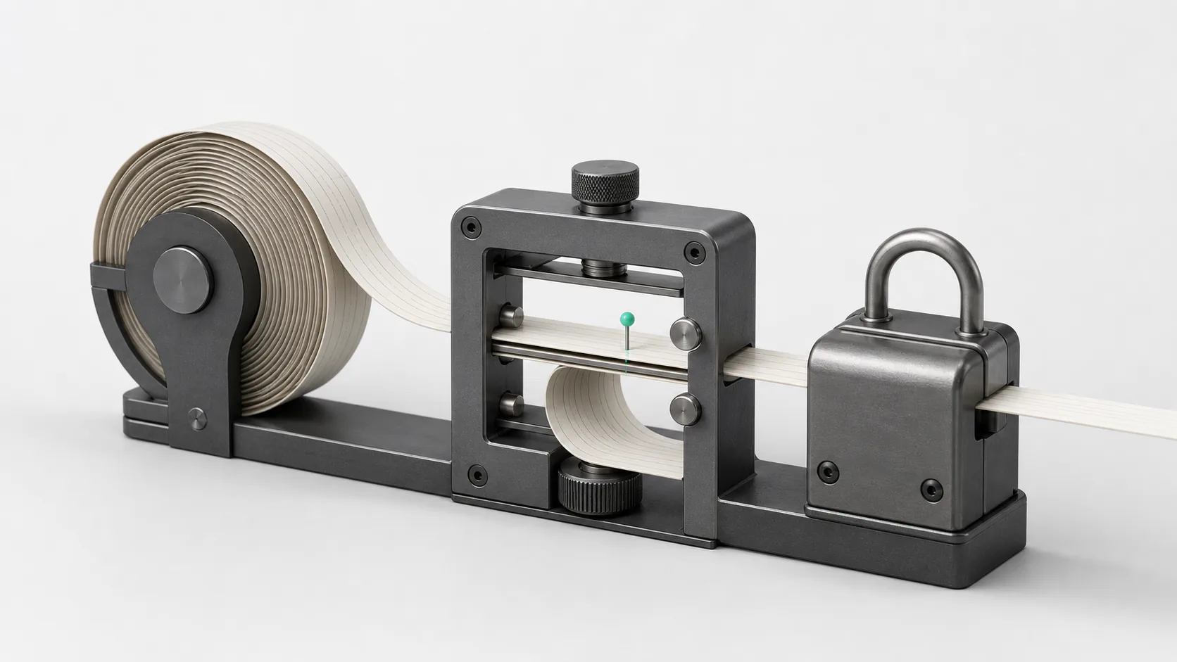 A measured market ribbon passing through a replay gate before a safety latch