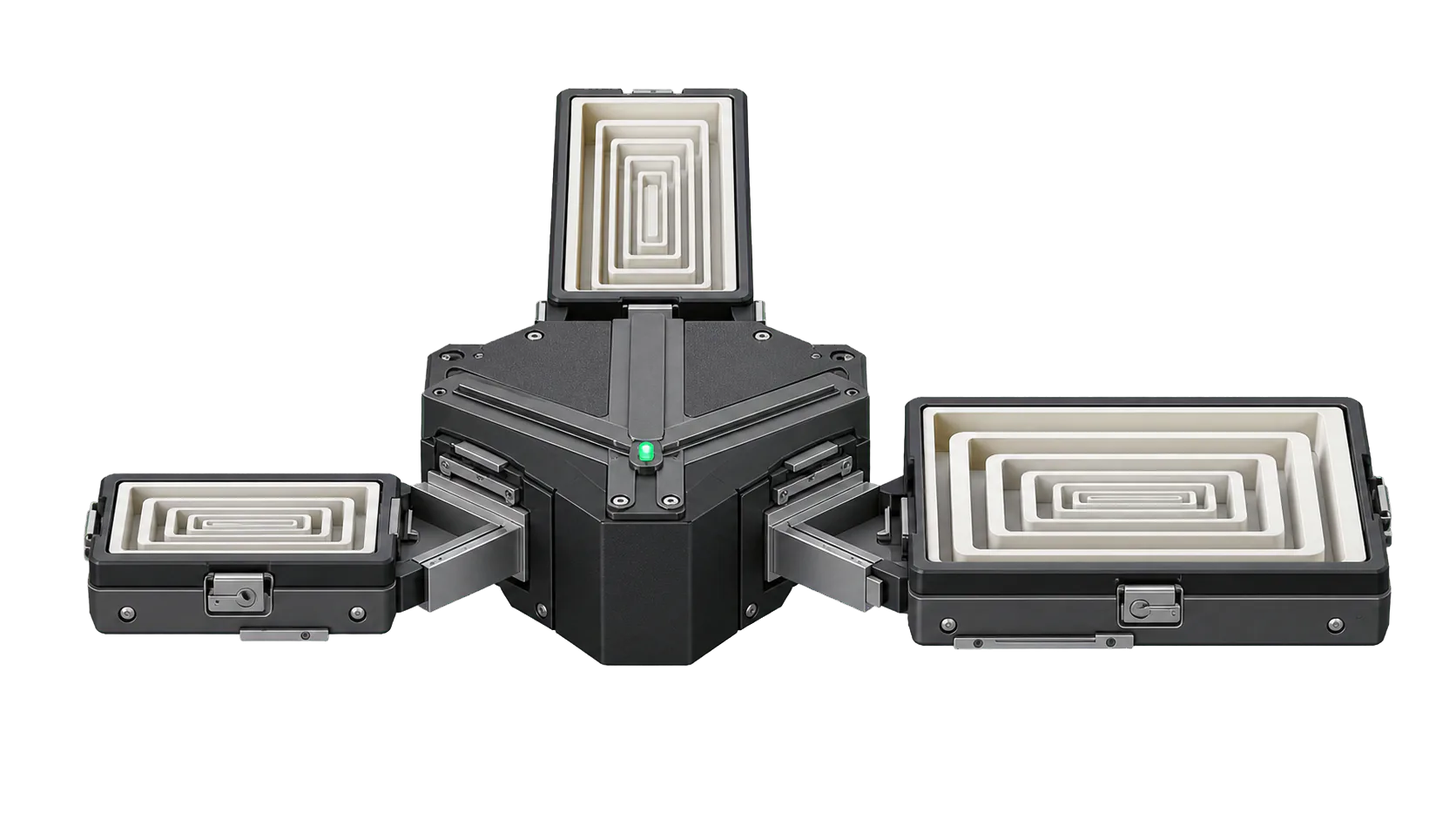 Three nested market-range modules docked to one shared core