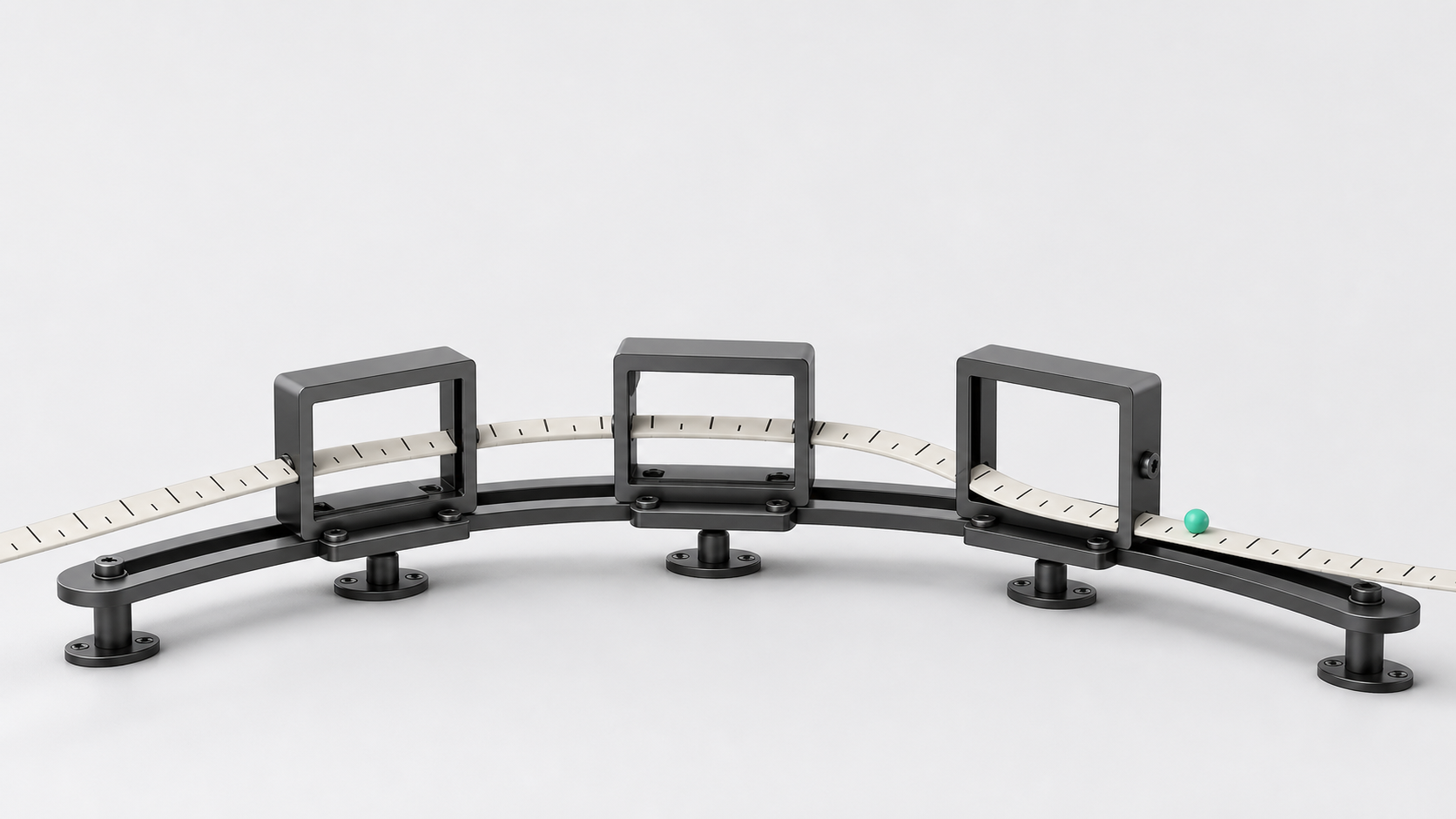 A measured ribbon carrying nested range frames through a continuous turn
