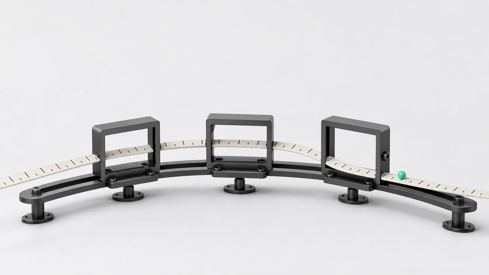 A measured ribbon carrying nested range frames through a continuous turn